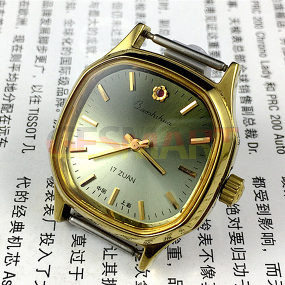 33mm Shanghai watch with golden nails and gradient dark green dial, classic manual mechanical design