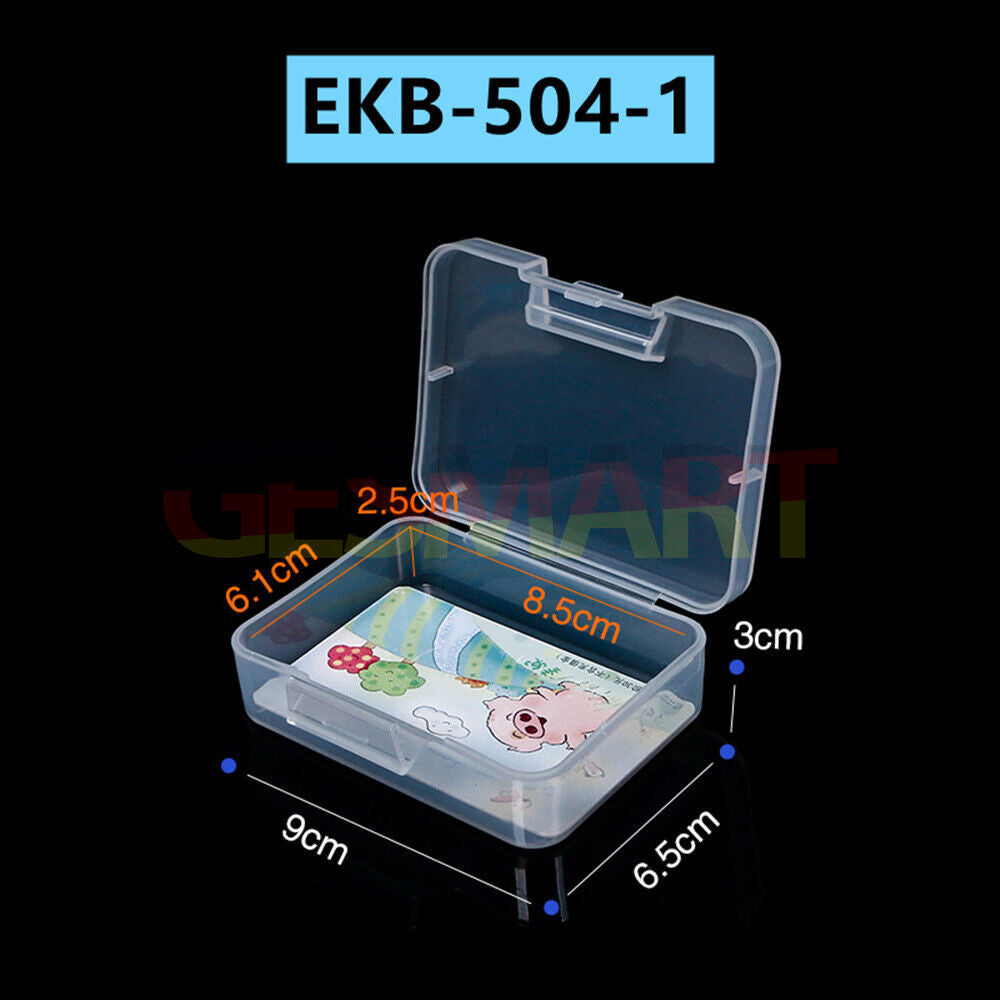 Set of 5 clear rectangular toolbox containers, 3x6.5x9cm with hinged lids for secure storage and organization.