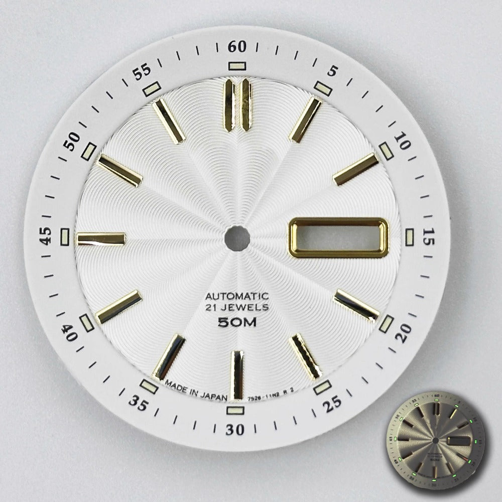 White 35.5mm Golden Nail vintage watch dial with green luminous markers for NH35 NH36 movements.