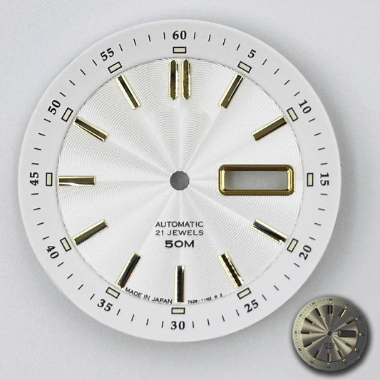 White 35.5mm Golden Nail vintage watch dial with green luminous markers for NH35 NH36 movements.