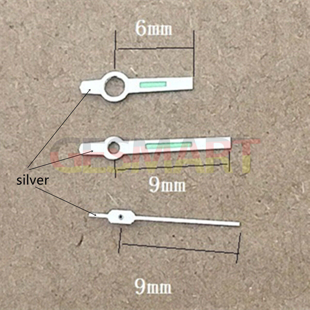9mm square green luminous watch hands for Orient 46941/46943 movement, enhancing readability in low light.