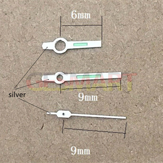 9mm square green luminous watch hands for Orient 46941/46943 movement, enhancing readability in low light.