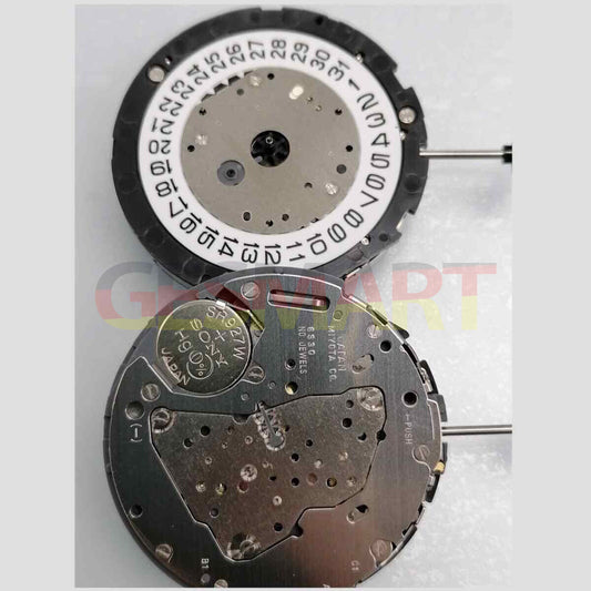Miyota 6S30 quartz watch movement showcasing date at 4 o?clock and small seconds at 2, 6, and 10 positions.