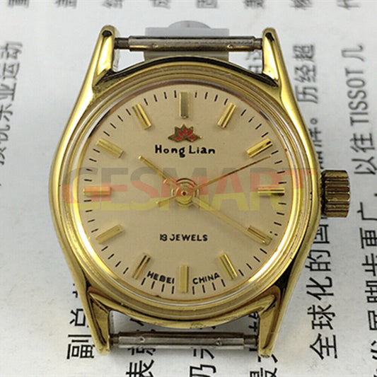 Elegant 26mm HONGLIAN lady watch with golden nail markers, round gold case, and 3-hand manual movement.