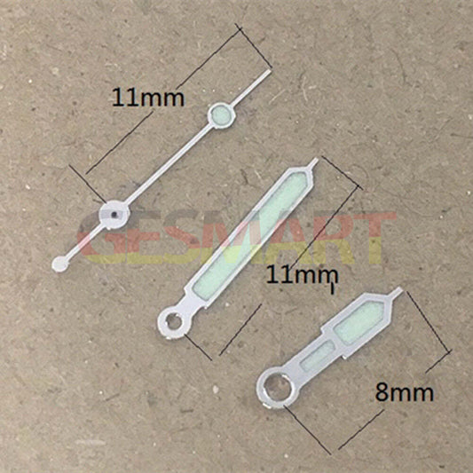Aiguilles de montre pointues luminescentes vertes argentées de 11 mm pour mouvement à quartz Miyota 6M12