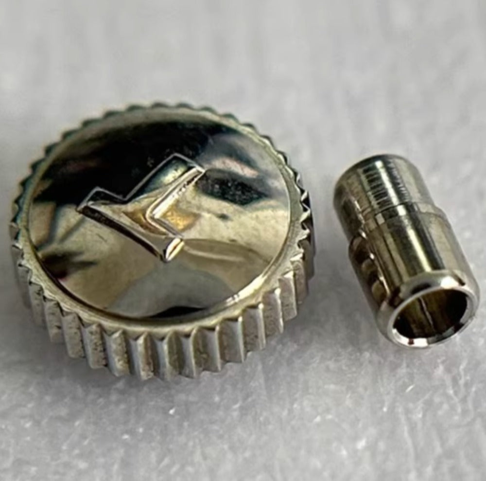 Steel silver polished watch crown for Tissot T006 repair, precise fit and durable accessory.