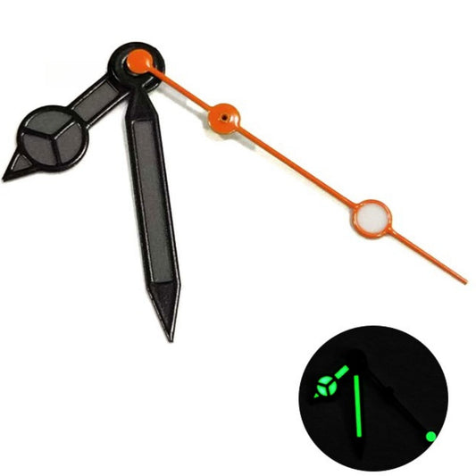 Matted black trim watch hands with black painted lume and orange second hand, compatible with NH35/36 movements.