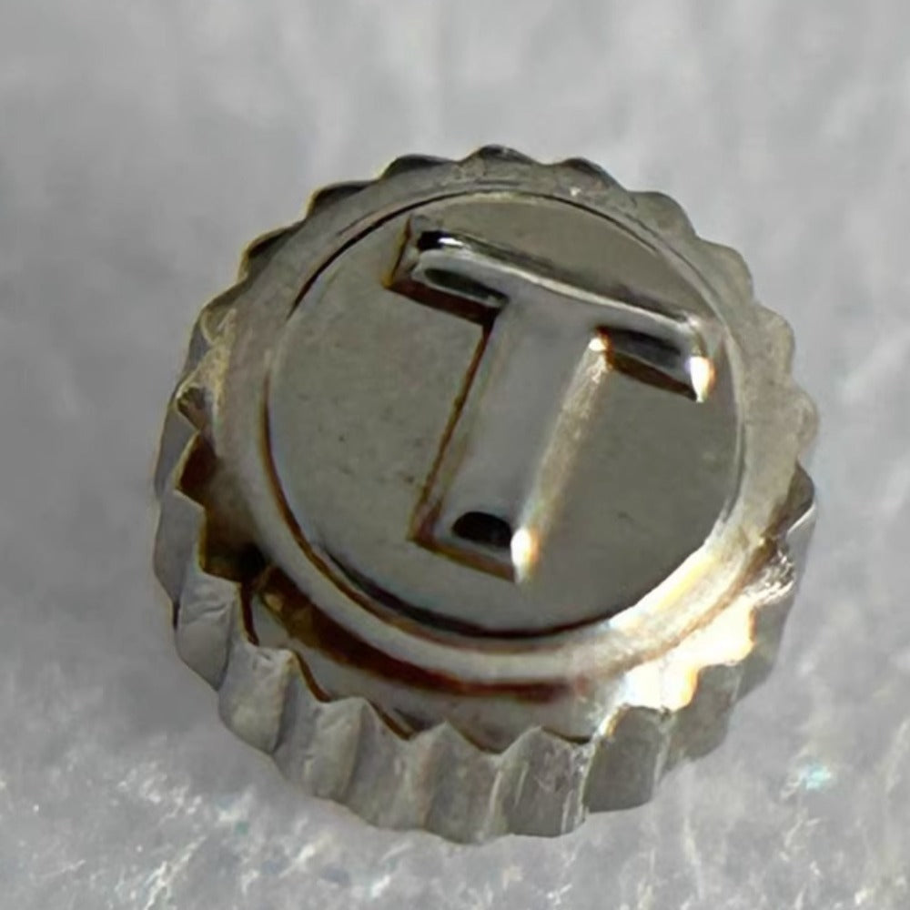 Steel silver watch crown for Tissot T52, durable replacement part for precise watch repair.