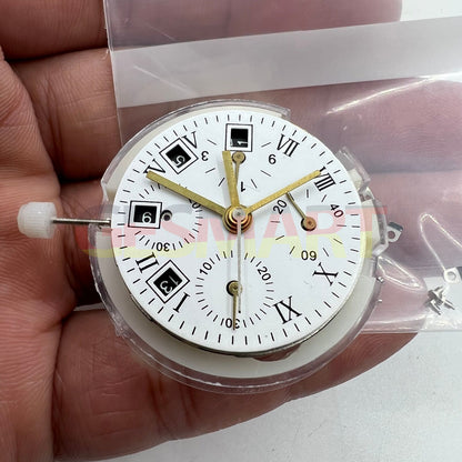 Black dial chronograph watch, featuring ETA 7750 movement and single calendar for precise timekeeping.