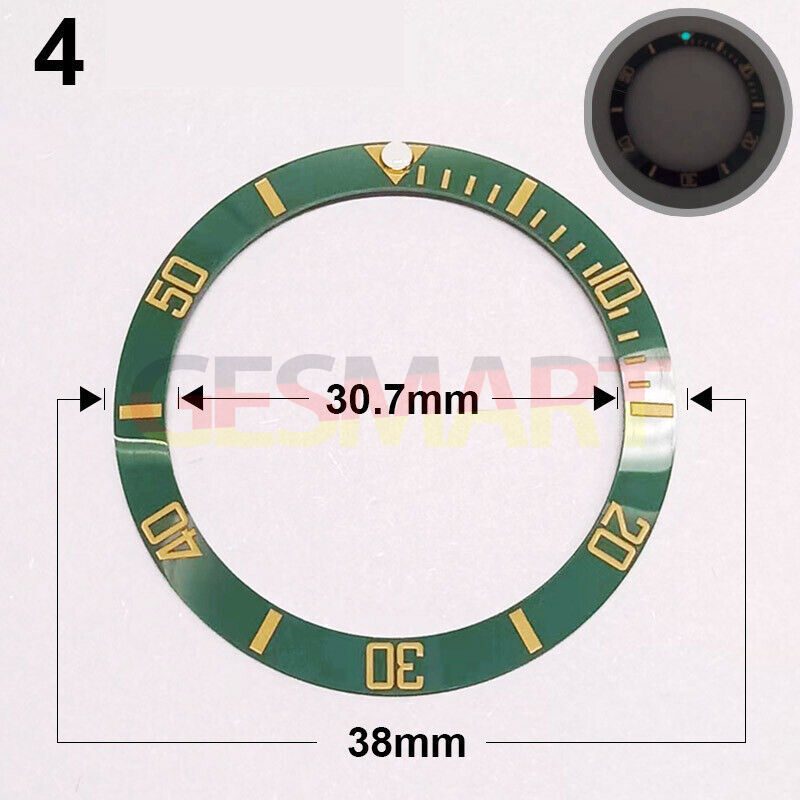 38mm green ceramic watch bezel with golden font and luminous markers for watch accessories.