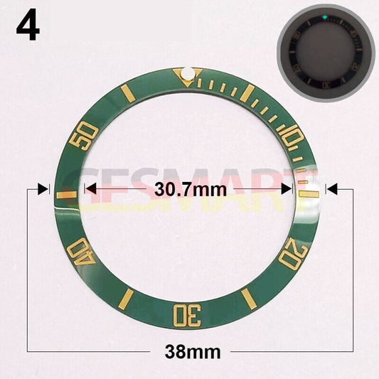 38mm green ceramic watch bezel with golden font and luminous markers for watch accessories.