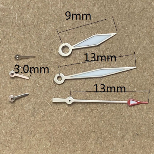 13 mm diamantförmige Uhrzeiger mit silbernem Rand und Leuchtmasse für Miyota JS15 Quarzwerk
