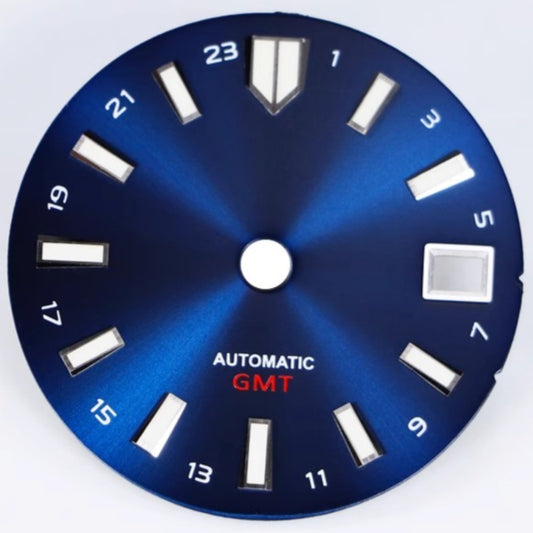 Solid blue 28.5mm MOP seashell watch dial for NH34 GMT movement, vibrant and elegant.