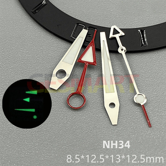 Green luminous silver watch hands with red trim for NH34 movement, perfect for precise timekeeping.