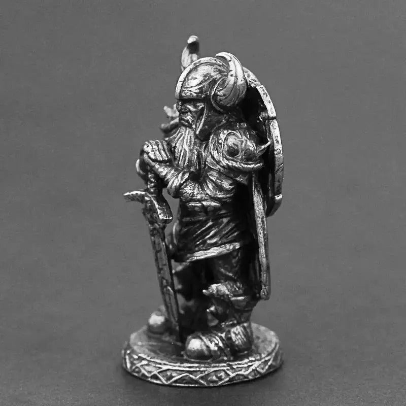 Viking Swordsman bronze figurine with silver and copper finish, vintage hand-carved collectible accessory.