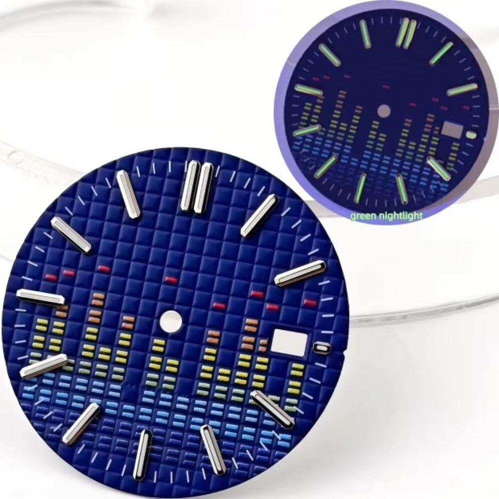 31mm blue electronic music watch dial for NH35 movement with green luminous markers, no logo, precise fit