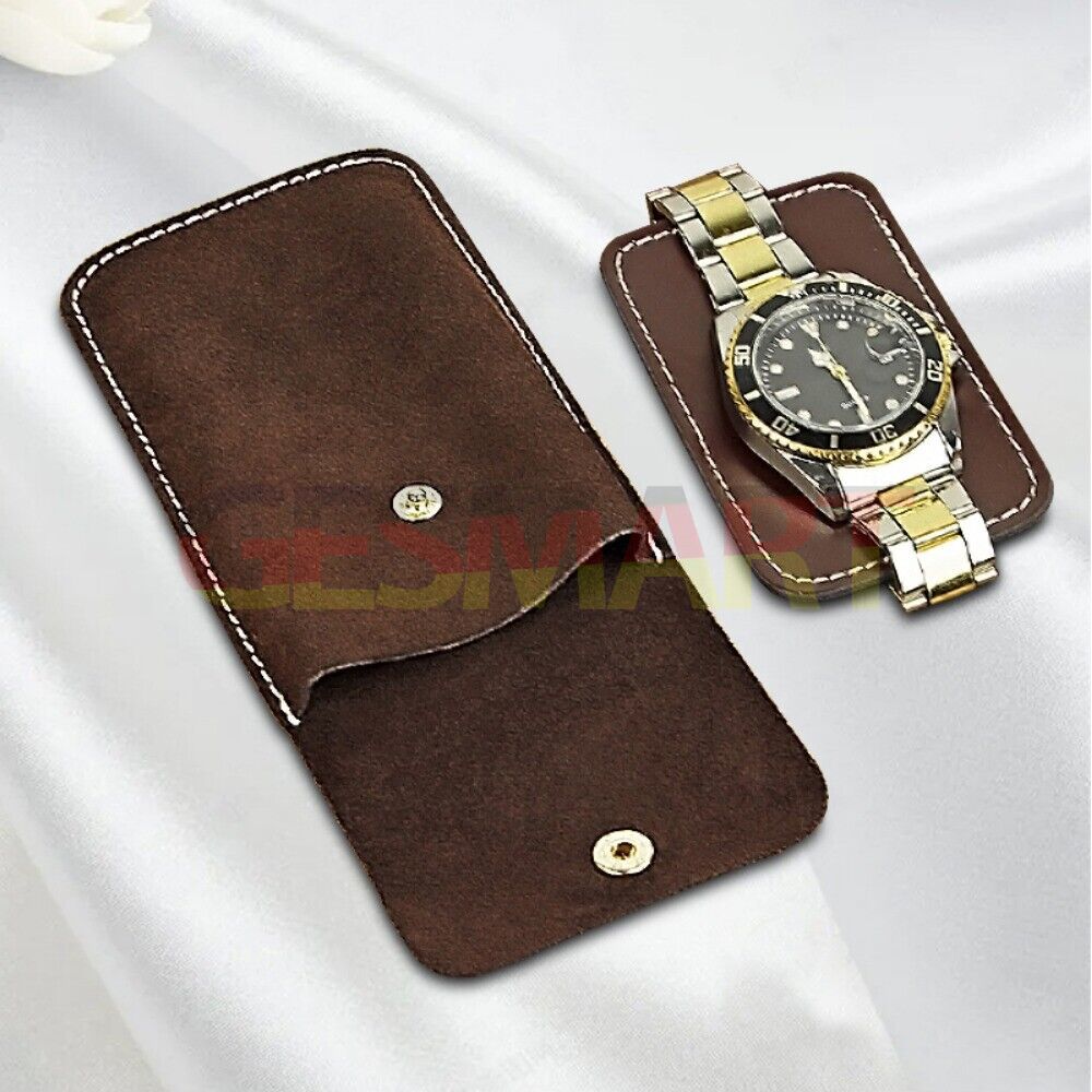 Genuine cowhide watch storage bag, portable travel pouch with soft lining for secure watch protection.