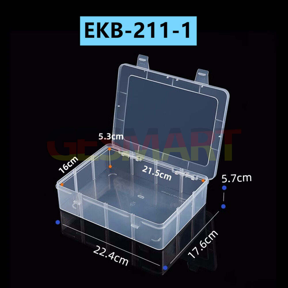 Rectangular toolbox container with hinged lid, 5.7x22.4x17.6cm, durable storage box for tools and accessories.