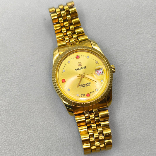 38mm 17 Jews Golden Dial Single Calendar Wudang Steel Manual Mechanical Watch