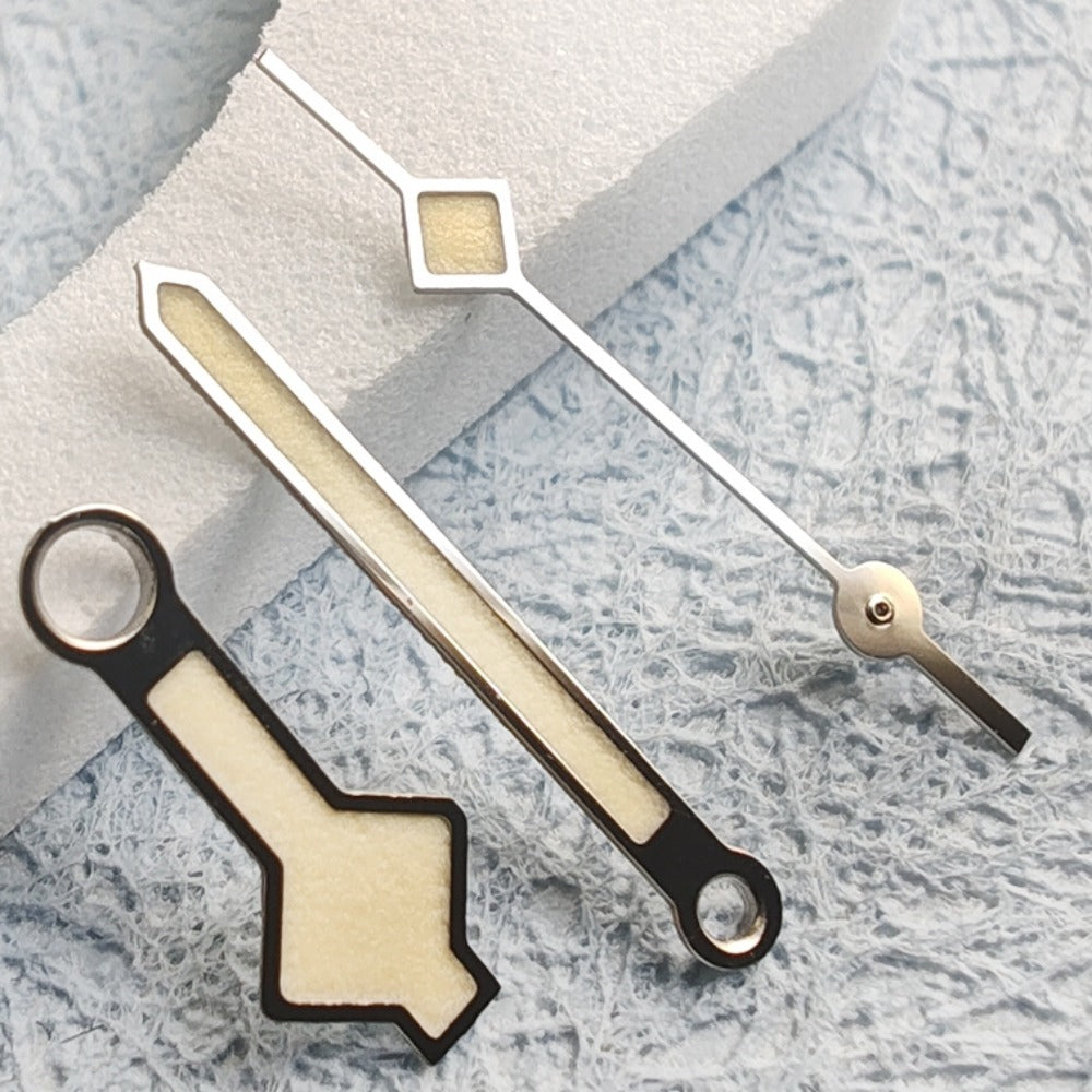 Snowflake shape C3 orange lume watch hands for NH34-NH70 movements, luminous and precise.