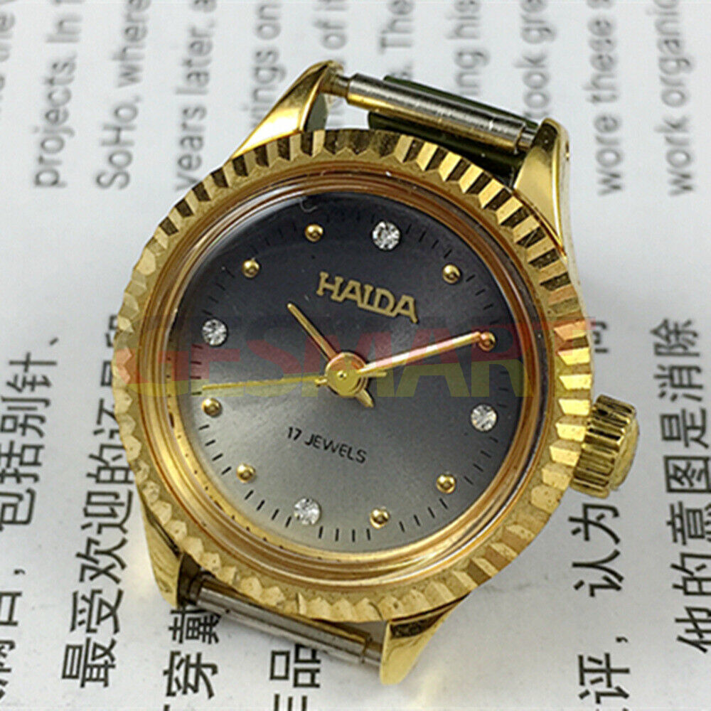 24mm SHANGHAI HAIDA ladies mechanical watch with 17 jewels and diamond nail accents for elegant style.