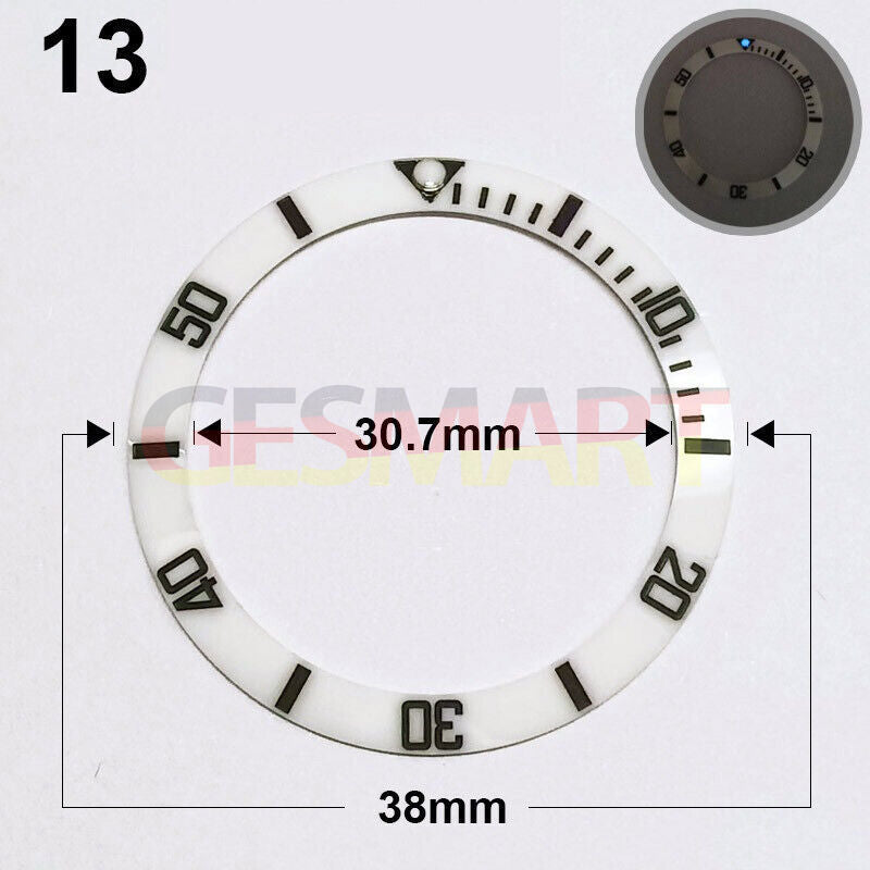 38mm ceramic watch bezel with white slope, black font, and green luminous details for watch accessories.