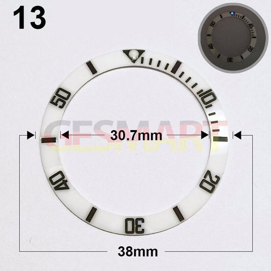 38mm ceramic watch bezel with white slope, black font, and green luminous details for watch accessories.