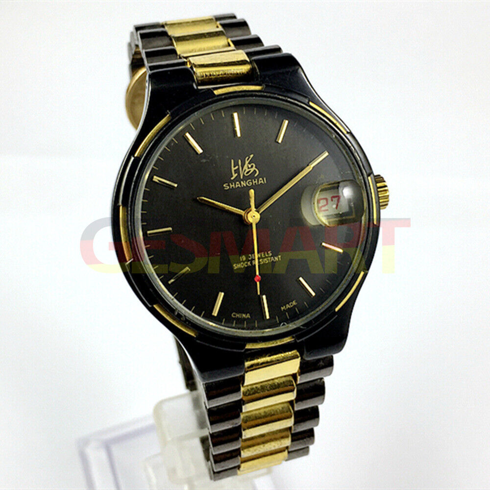 37mm Shanghai Factory black manual mechanical watch with 19 jewels, shock-resistant design for durability.