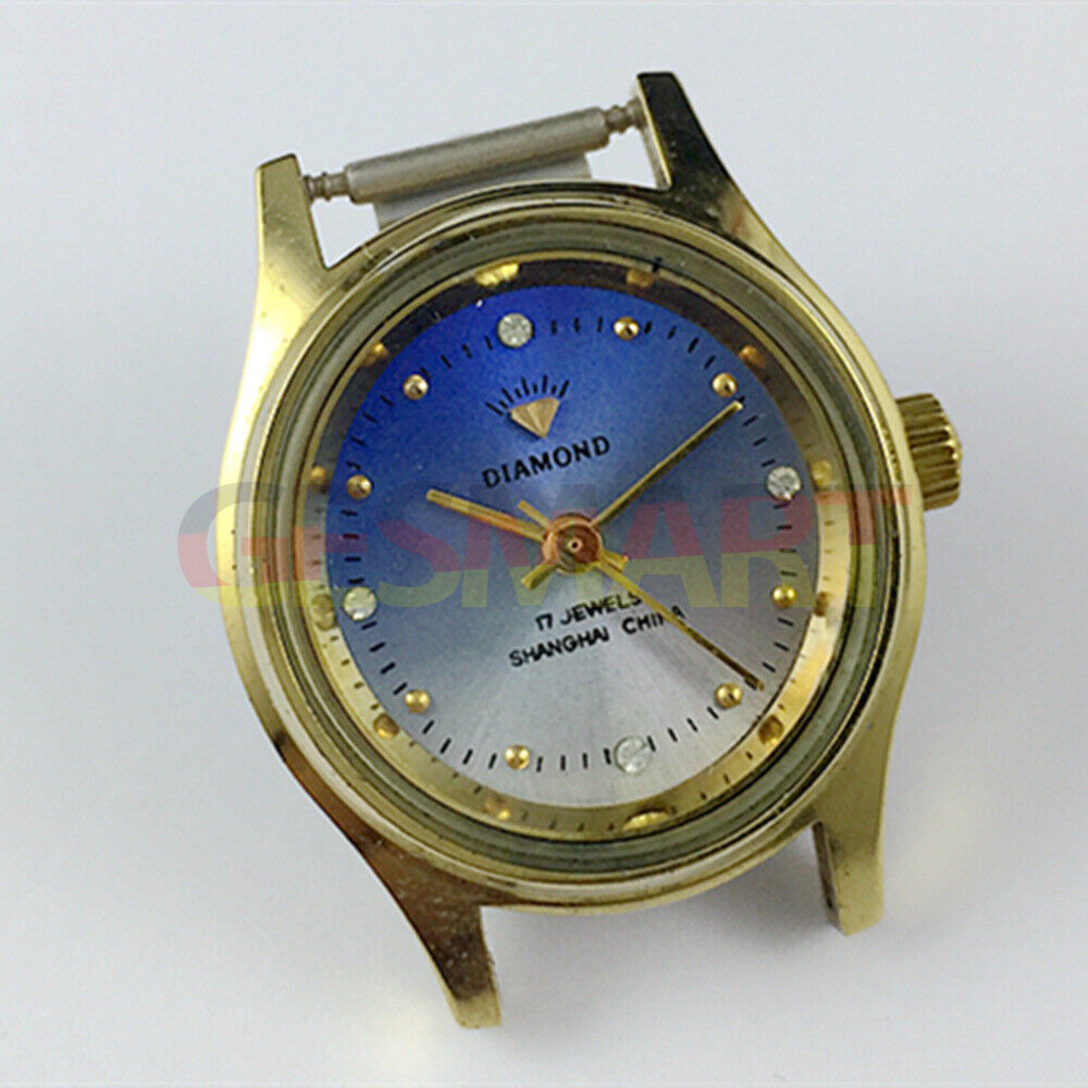 25mm SHANGHAI DIAMOND oval manual mechanical lady watch with blue dial and 17 jewels for elegant style.