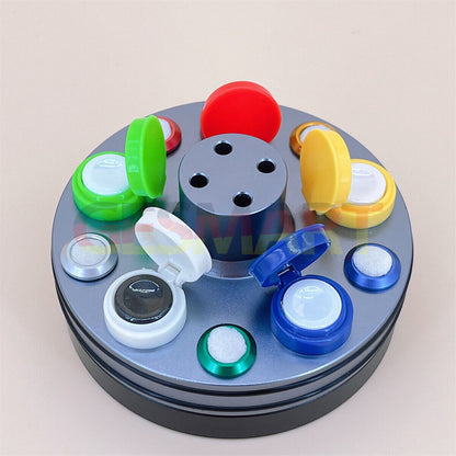 Metal oil cups set with 5 containers and plastic cover for precise watch repair.