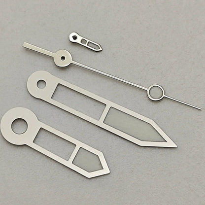 Silver trim green lume watch hands set for NH39 movement, enhancing visibility and style.