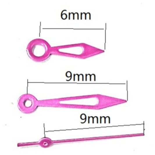 9mm plum purple arrow-shaped watch hands, compatible with Miyota 2035 quartz movement.