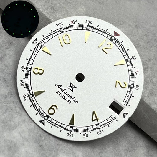 28.5Mm White Modified Watch Dial For NH35 NH36 Green Lume Golden Nail