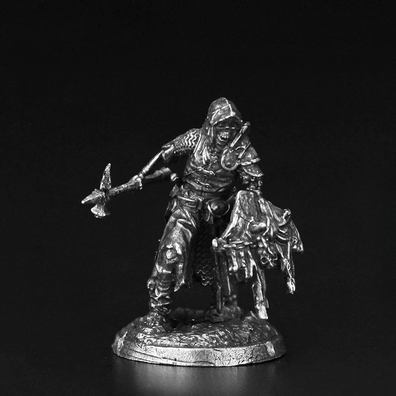 White Brass Figurine Undead Skeleton Warrior Miniature - Hooded Warhammer and Broken Shield