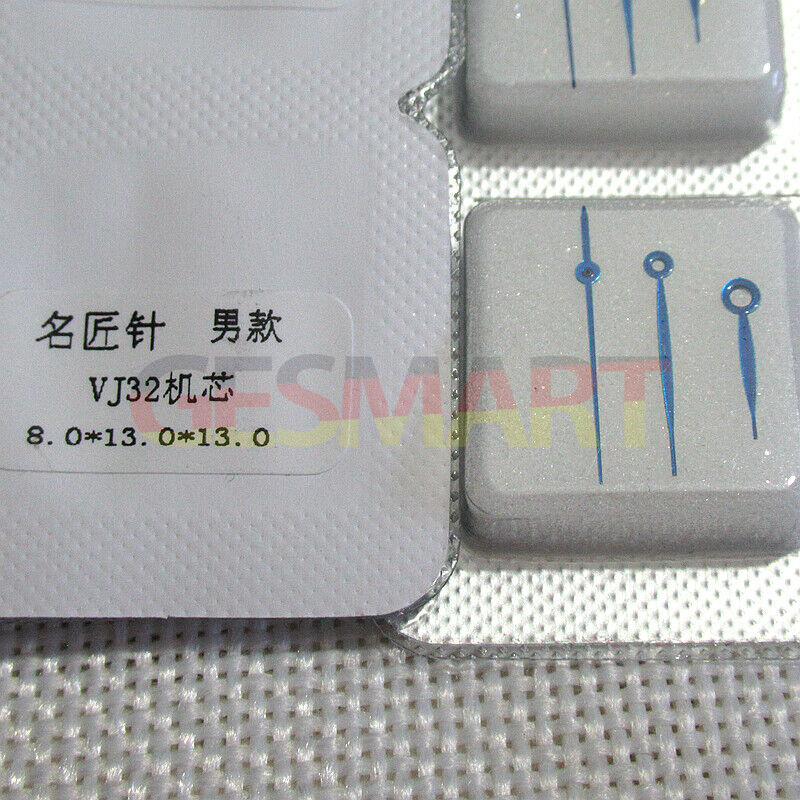 Blue plated watch hands for Epson VJ32 movement, 8x13x13mm, no lume, sleek design.