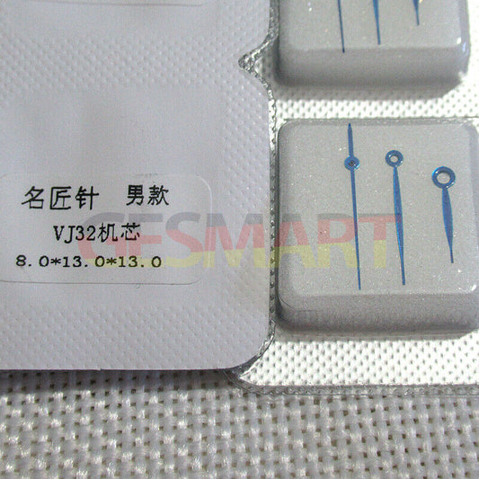 Blue plated watch hands for Epson VJ32 movement, 8x13x13mm, no lume, sleek design.