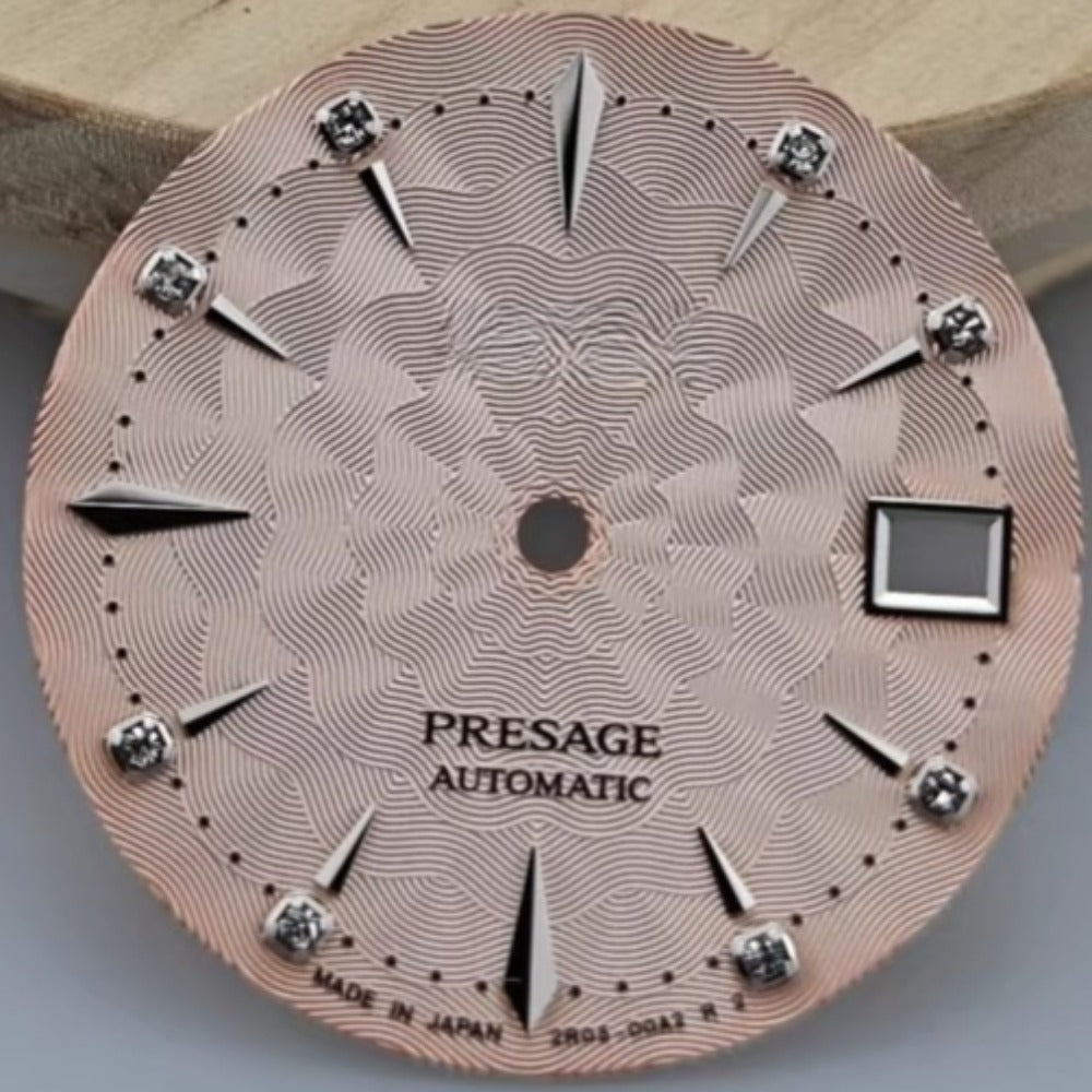 29mm pink floral watch dial with logo, compatible with NH35 NH36 automatic movements, stylish accessory.