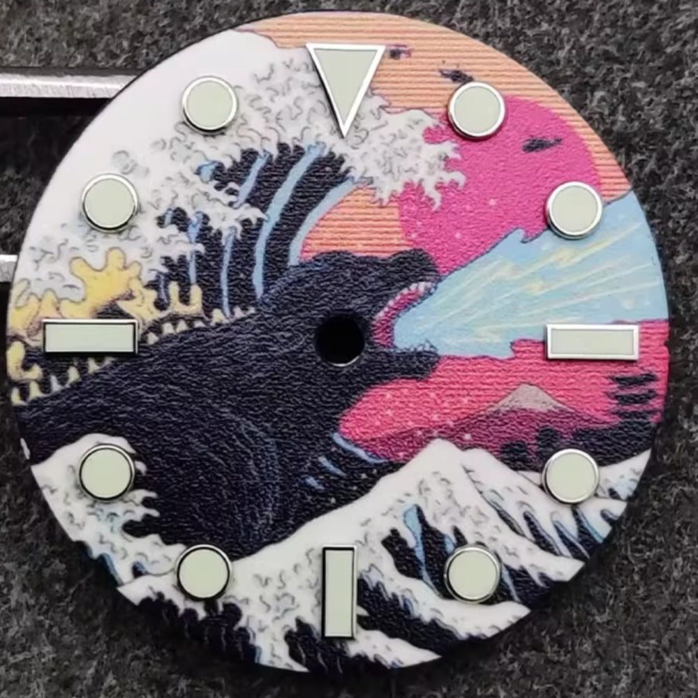 28.5mm Japanese Landscape Monster Painting Lume Watch Dial Fit for NH35 Round Nail
