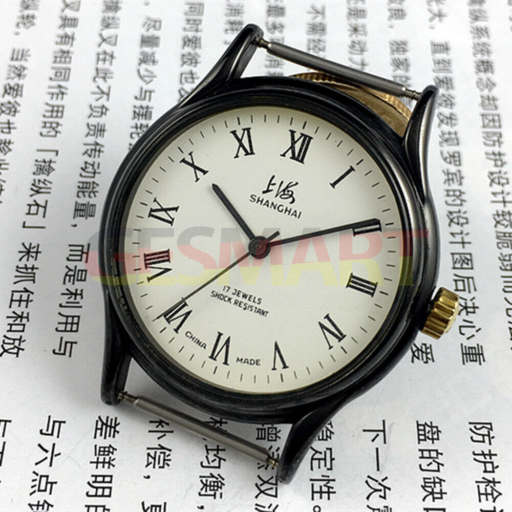 37mm Shanghai Factory manual watch with Roman numerals, 17 jewels for accurate timekeeping.