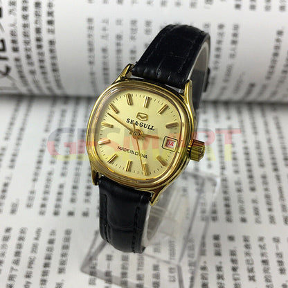 Seagull ladies watch with square gold-tone case, nail markers, manual mechanical movement, and date display.