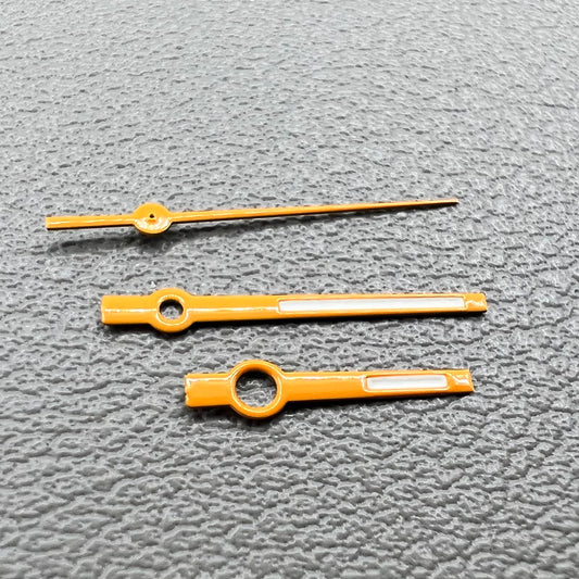 Set of yellow trim lume watch hands for NH34/35/36/38/39 movements, perfect for precise timekeeping.