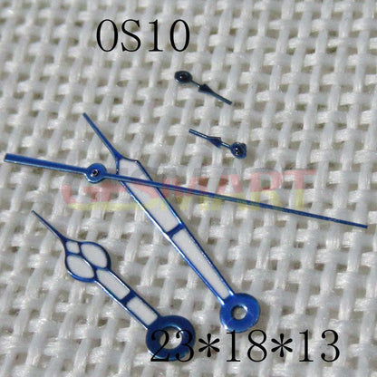 Blue trim green lume watch hands designed for Miyota OS10 0S10 movement, enhancing visibility and style.