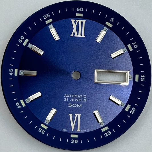 Blue 35.8mm Datejust watch dial with silver Roman numerals and modified lume for NH36 movement.