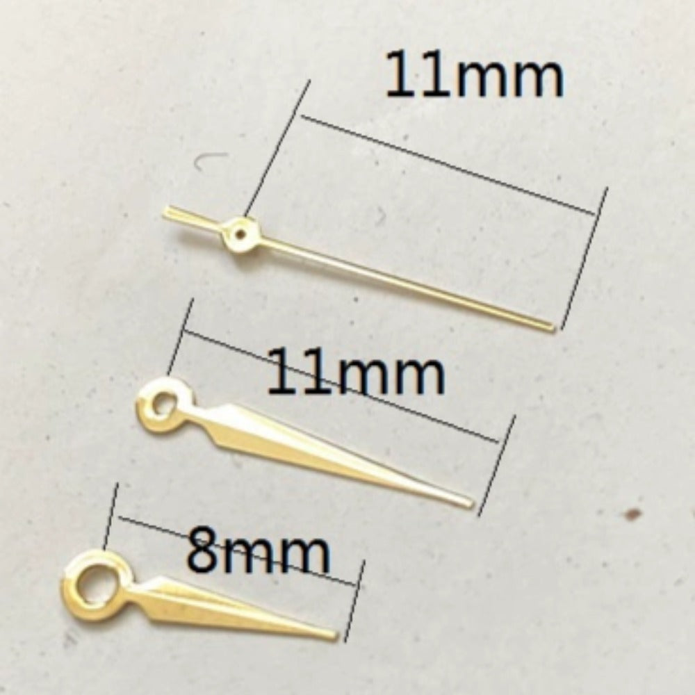 Golden 11x11x8mm watch hands designed for Miyota 2035 quartz movement, enhancing timepiece precision.