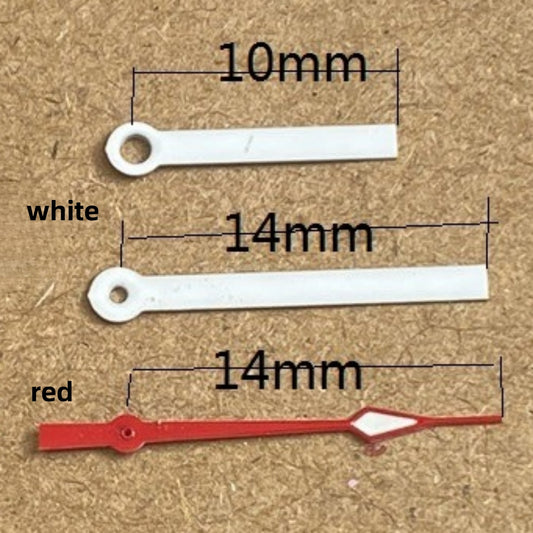 Red second and white painted hour and minute hands set for Ronda 515 quartz watches, 14x14x10mm.