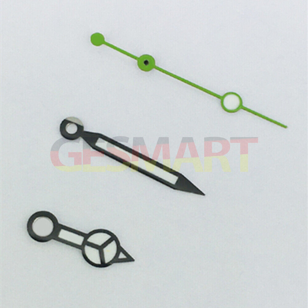Green lume watch hands with black trim for ETA2836/2846/2824/2846 movements, perfect for vintage watch restoration.