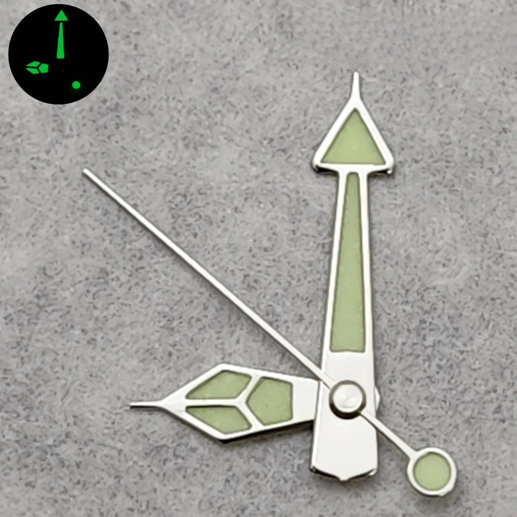 14mm silver-trimmed green lume watch hands set, compatible with NH35 NH36 4R36/35 movements, ideal for precise timekeeping.