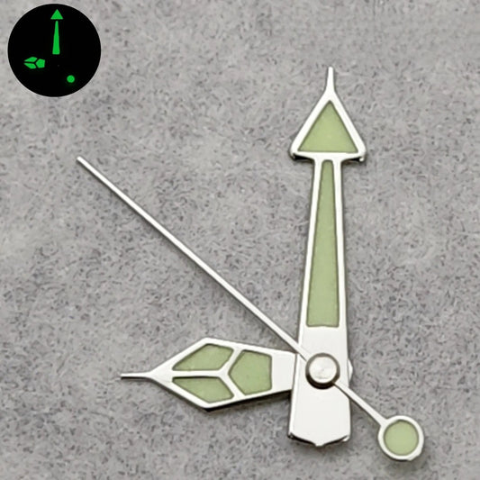 14mm silver-trimmed green lume watch hands set, compatible with NH35 NH36 4R36/35 movements, ideal for precise timekeeping.