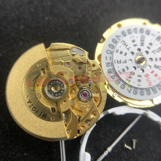 Miyota 6T51 golden plated automatic mechanical watch movement for precise timekeeping.