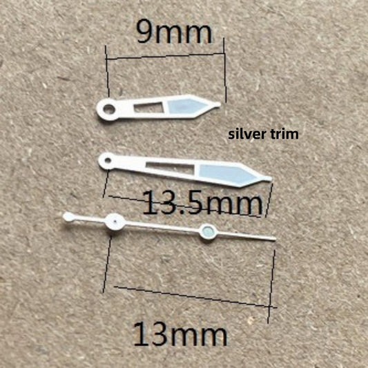 Hollow silver trim 13.5mm green lume watch hands set for Ronda 515 quartz movement watches